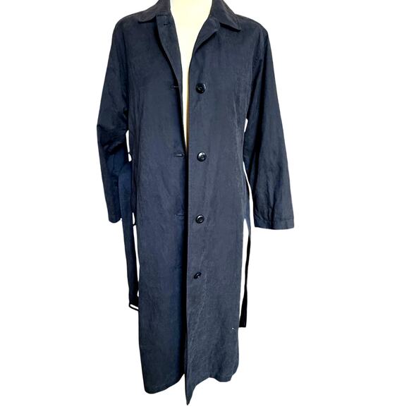 VTG 90s London Fog Trench Coat Womens 2 Petite Black Preppy Minimalist Long - Picture 2 of 8